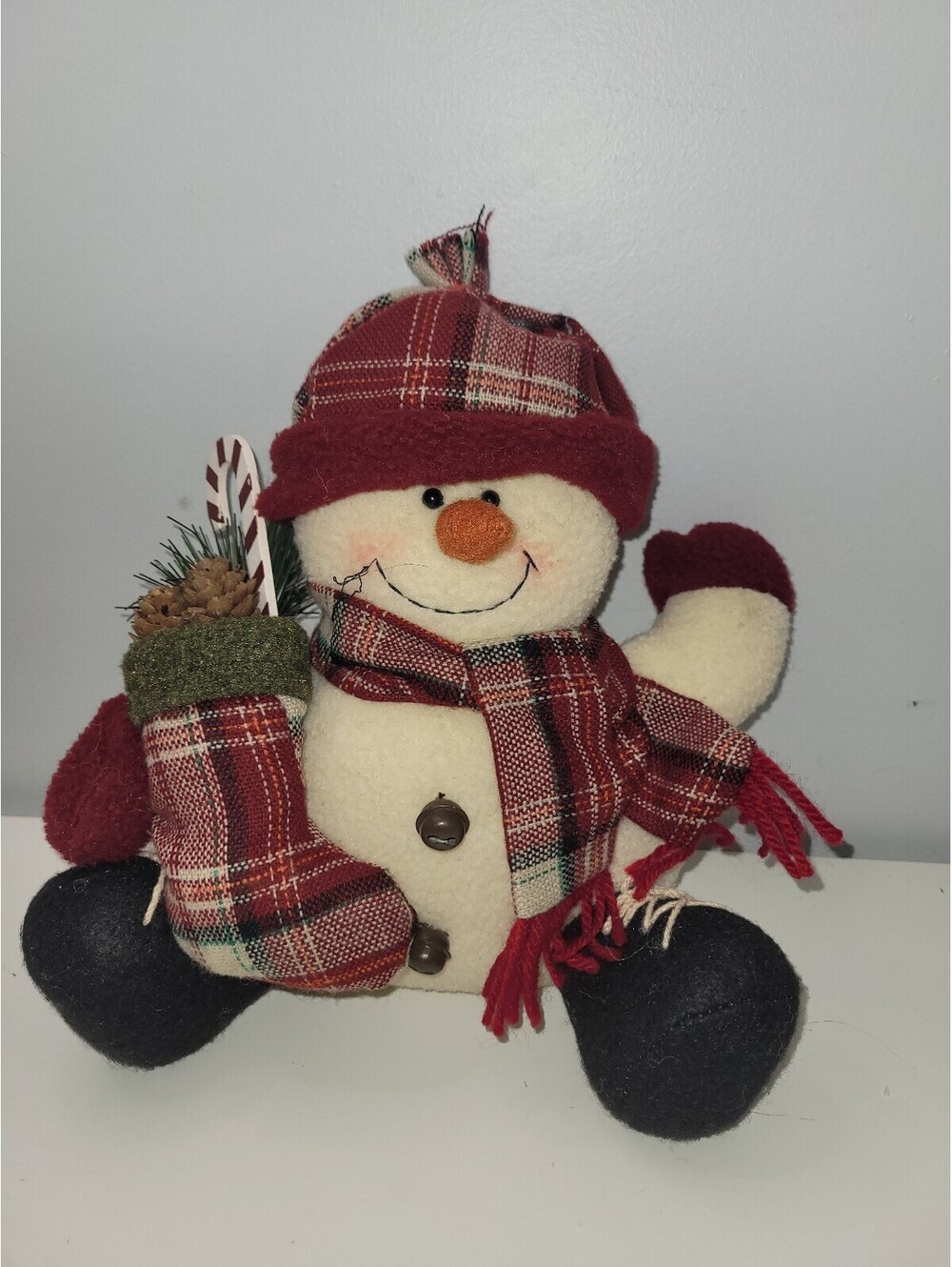 Christmas Snowman Plush Decoration Plaid Hat Scarf Rustic Farmhouse Holidaycore